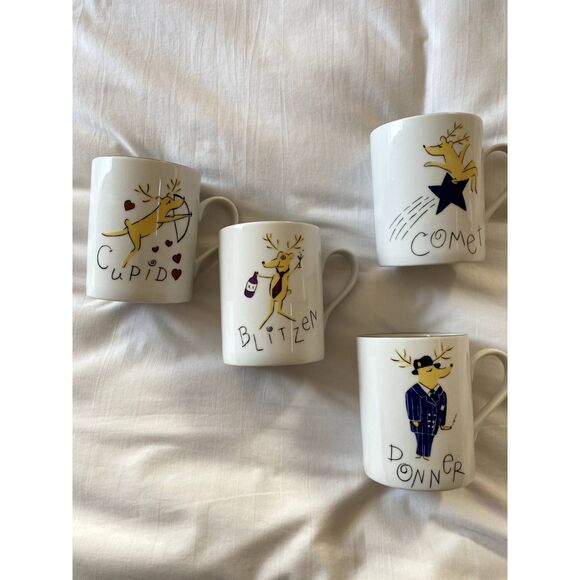 Pottery Barn Reindeer Mug Set Donner Comet Blitzen Cupid Holiday Christmas - Picture 1 of 9